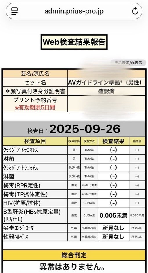 TAKUMI(ﾀｸﾐ) 性病検査結果について