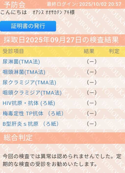 AKI(ｱｷ) ⚪🔵10月度性病検査結果⚪🔵