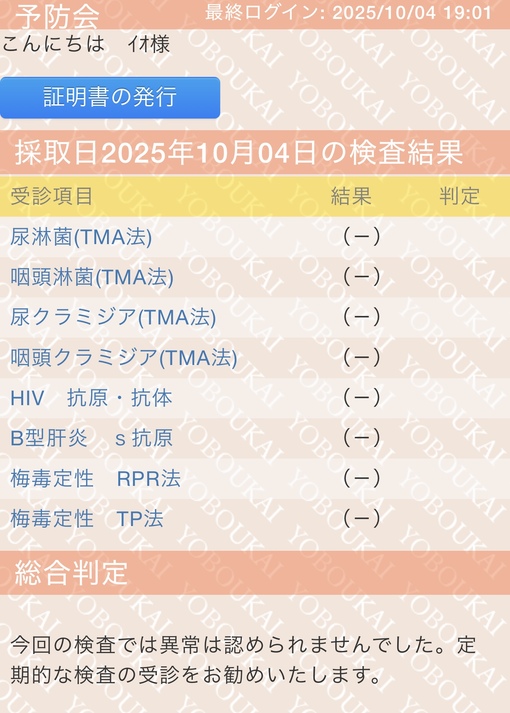 IO(ｲｵ) 10月度性病検査結果