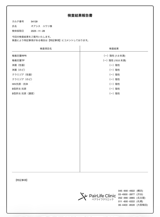 YURI(ﾕｳﾘ) 性病検査報告