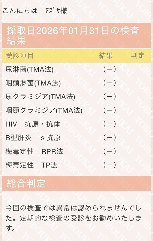AZUSA(ｱｽﾞｻ) 1月性病検査について
