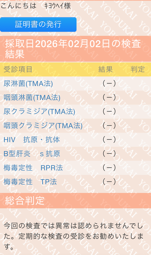 KYOHEI(ｷｮｳﾍｲ) 🔍検査結果