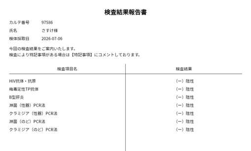 SASUKE 性病検査結果