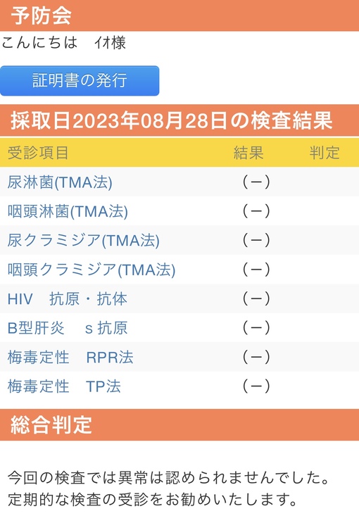 IO(ｲｵ) 9月度性病検査結果