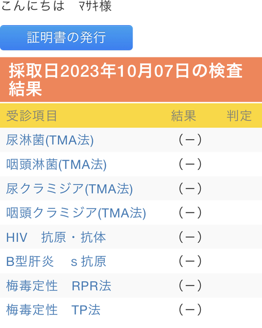 MASAKI(ﾏｻｷ) 10月性病検査！