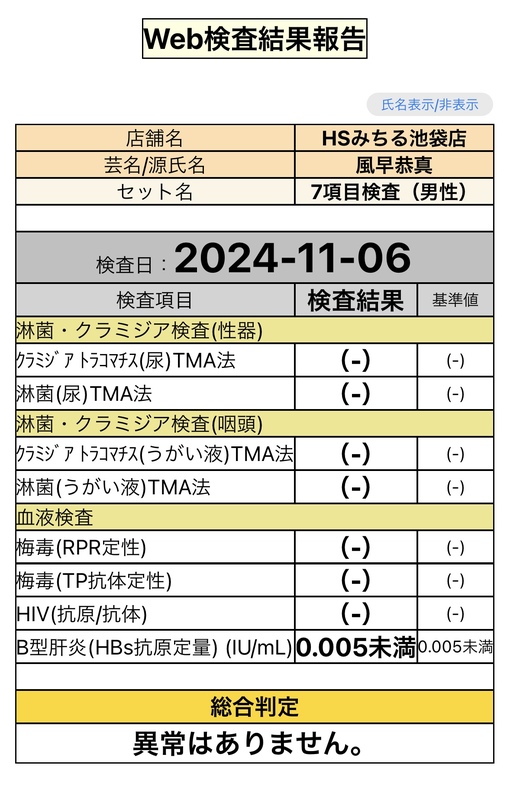 風早恭真(ｶｾﾞﾊﾔｷｮｳﾏ) 性病検査