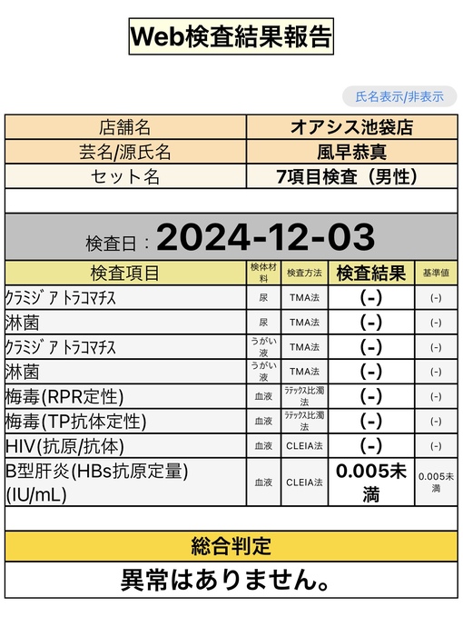 風早恭真(ｶｾﾞﾊﾔｷｮｳﾏ) 性病検査