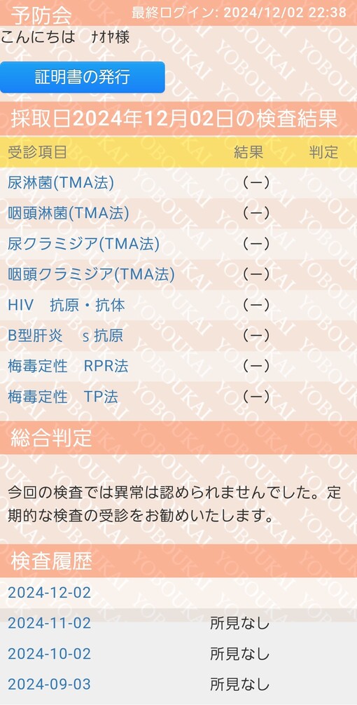 NAOYA(ﾅｵﾔ) 【11月度性病検査結果💉】