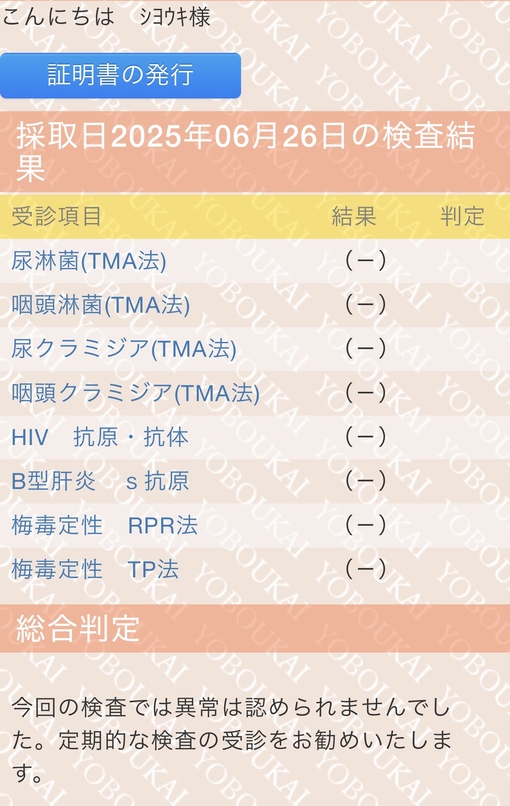 青山翔輝(ｱｵﾔﾏｼｮｳｷ) 性病検査結果