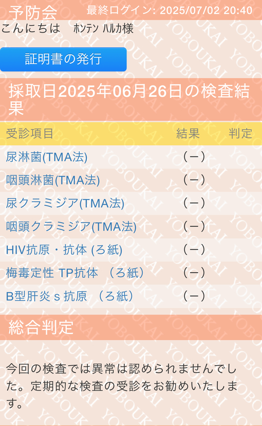 HARUKA(ﾊﾙｶ) 7月性病検査