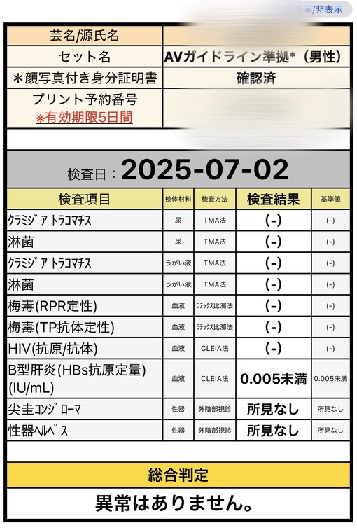 TAKUMI(ﾀｸﾐ) 性病検査結果について