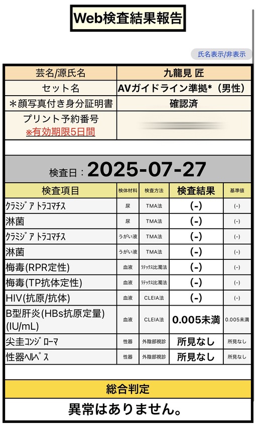 TAKUMI(ﾀｸﾐ) 性病検査結果について